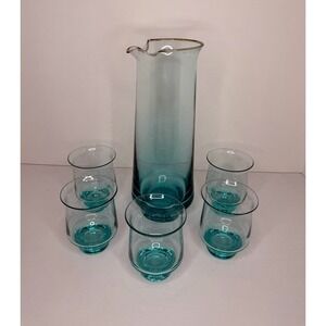 VTG 6 Pc Hand Blown Aqua Blue Pitcher & Glass‎ Set Very Delicate Glassware